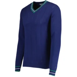 Fellini Pointelle Knit Tipped V-neck Jumper In Navy